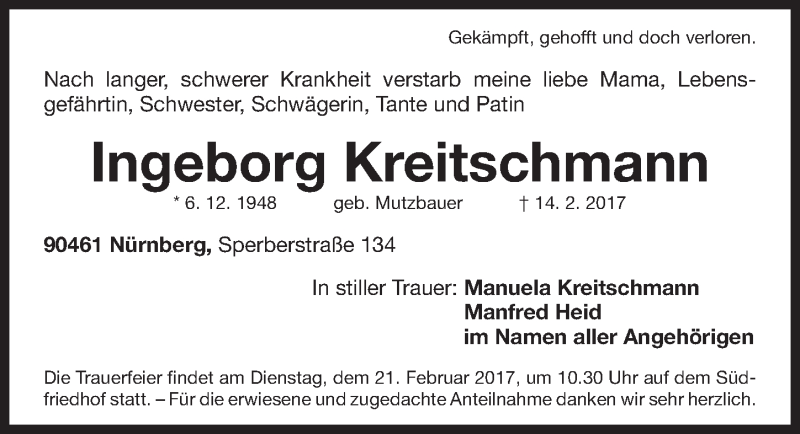 Traueranzeige für Ingeborg Kreitschmann vom 18.02.2017 aus Gesamtausgabe Nürnberger Nachrichten/ Nürnberger Ztg.