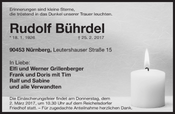 Traueranzeige von Rudolf Bührdel von Gesamtausgabe Nürnberger Nachrichten/ Nürnberger Ztg.