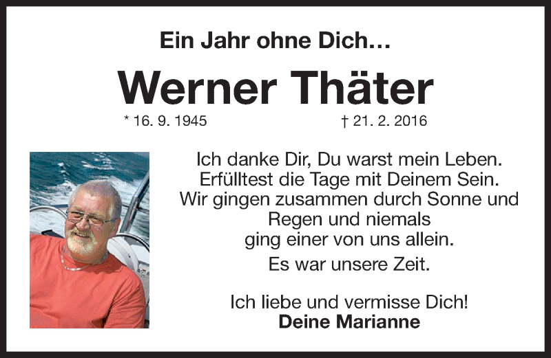  Traueranzeige für Werner Thäter vom 21.02.2017 aus Fürther Nachrichten Lokal