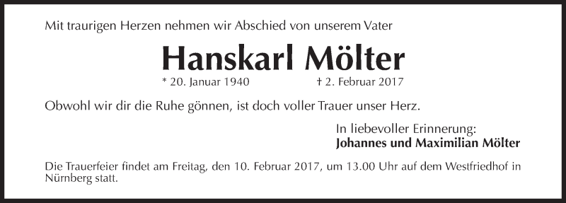  Traueranzeige für Hanskarl Mölter vom 08.02.2017 aus Gesamtausgabe Nürnberger Nachrichten/ Nürnberger Ztg.