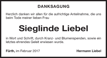 Traueranzeige von Sieglinde Liebel von Fürther Nachrichten Lokal