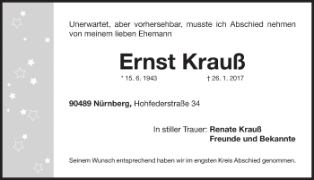 Traueranzeige von Ernst Krauß von Gesamtausgabe Nürnberger Nachrichten/ Nürnberger Ztg.