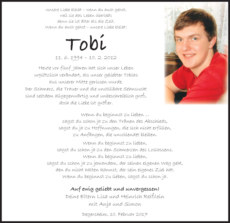  Traueranzeige für Tobias Reißlein vom 10.02.2017 aus Altmühl-Bote Lokal