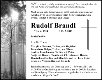 Traueranzeige von Rudolf Brandl von Neumarkter Nachrichten Lokal