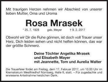 Traueranzeige von Rosa Mrasek von Gesamtausgabe Nürnberger Nachrichten/ Nürnberger Ztg.