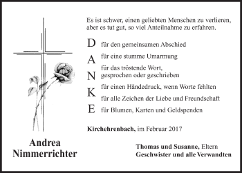 Traueranzeige von Andrea Nimmerrichter von Nordbayerische Nachrichten Forchheim Lokal