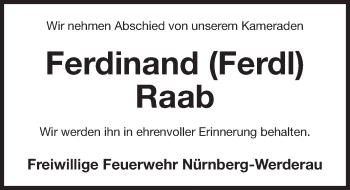 Traueranzeige von Ferdinand Raab von Gesamtausgabe Nürnberger Nachrichten/ Nürnberger Ztg.