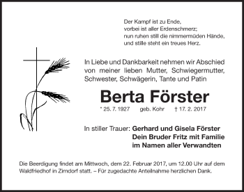 Traueranzeige von Berta Förster von Fürther Nachrichten Lokal