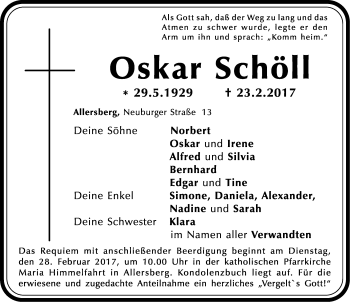 Traueranzeige von Oskar Schöll von Roth-Hilpoltsteiner Volkszeitung Lokal