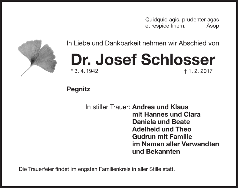  Traueranzeige für Josef Schlosser vom 07.02.2017 aus HNM,HPE