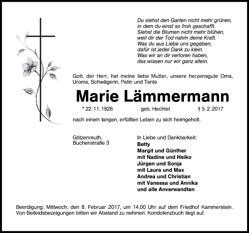  Traueranzeige für Marie Lämmermann vom 07.02.2017 aus Schwabach