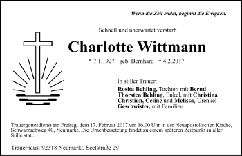Traueranzeige von Charlotte Wittmann von Neumarkter Nachrichten Lokal