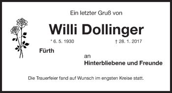 Traueranzeige von Willi Dollinger von Gesamtausgabe Nürnberger Nachrichten/ Nürnberger Ztg.