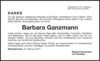 Traueranzeige von Barbara Ganzmann von Nordbayerische Nachrichten Herzogenaurach Lokal