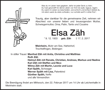 Traueranzeige von Elsa Zäh von Altmühl-Bote Lokal