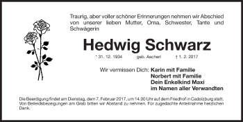 Traueranzeige von Hedwig Schwarz von Fürther Nachrichten Lokal