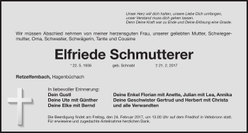 Traueranzeige von Elfriede Schmutterer von Fürther Nachrichten Lokal