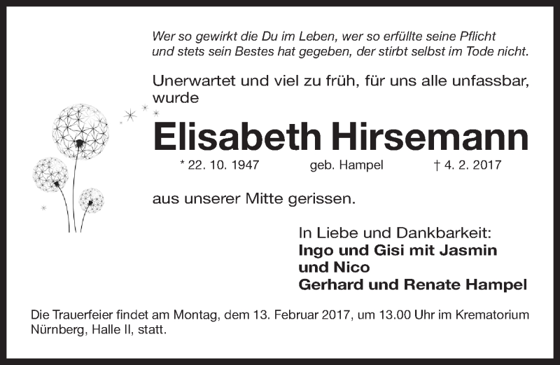  Traueranzeige für Elisabeth Hirsemann vom 08.02.2017 aus Gesamtausgabe Nürnberger Nachrichten/ Nürnberger Ztg.