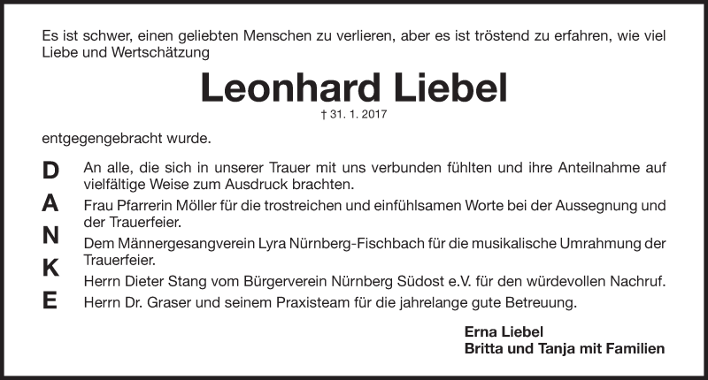  Traueranzeige für Leonhard Liebel vom 11.02.2017 aus Gesamtausgabe Nürnberger Nachrichten/ Nürnberger Ztg.