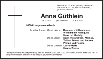 Traueranzeige von Anna Güthlein von Nordbayerische Nachrichten Forchheim Lokal