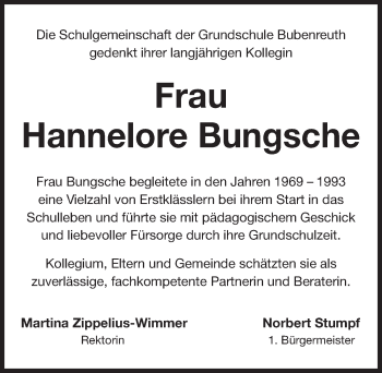 Traueranzeige von Hannelore Bungsche von Erlanger Nachrichten Lokal