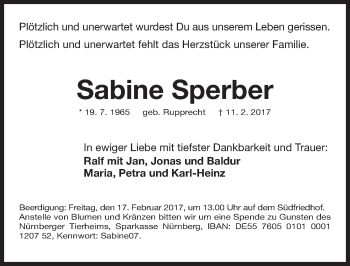 Traueranzeige von Sabine Sperber von Gesamtausgabe Nürnberger Nachrichten/ Nürnberger Ztg.