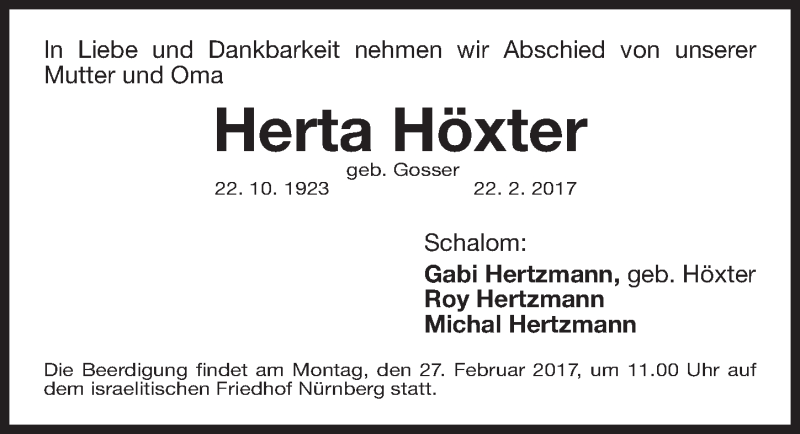  Traueranzeige für Herta Höxter vom 25.02.2017 aus Gesamtausgabe Nürnberger Nachrichten/ Nürnberger Ztg.