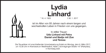 Traueranzeige von Lydia Linhard von Gesamtausgabe Nürnberger Nachrichten/ Nürnberger Ztg.