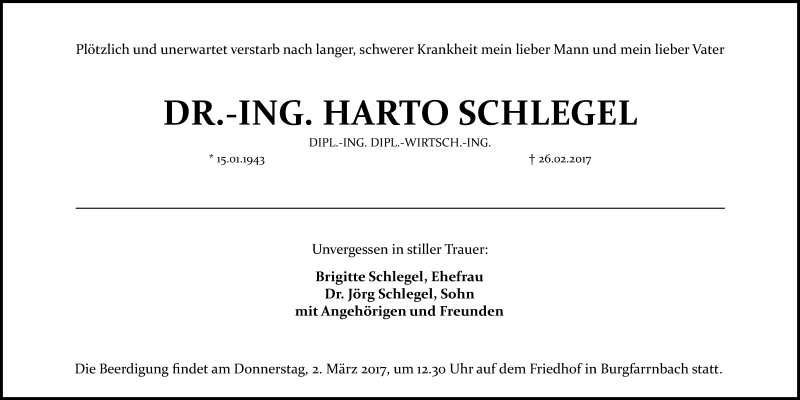  Traueranzeige für Harto Schlegel vom 28.02.2017 aus Fürther Nachrichten Lokal