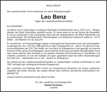 Traueranzeige von Leodegar Benz von Roth-Hilpoltsteiner Volkszeitung Lokal