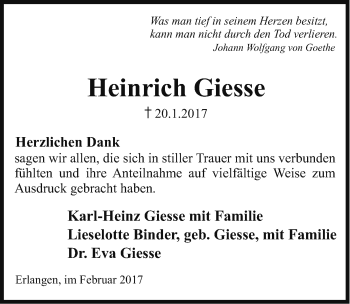 Traueranzeige von Heinrich Giesse von Erlanger Nachrichten/ Nordbayer. Nachrichten Herzogenaurach