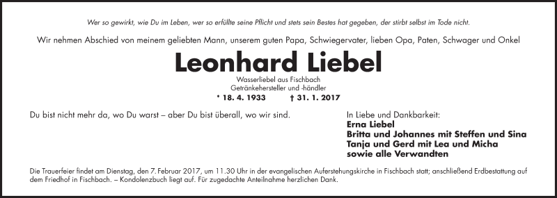  Traueranzeige für Leonhard Liebel vom 04.02.2017 aus Gesamtausgabe Nürnberger Nachrichten/ Nürnberger Ztg.