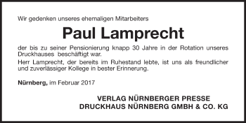 Traueranzeige von Paul Lamprecht von Gesamtausgabe Nürnberger Nachrichten/ Nürnberger Ztg.