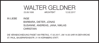 Traueranzeige von Walter Geldner von Gesamtausgabe Nürnberger Nachrichten/ Nürnberger Ztg.