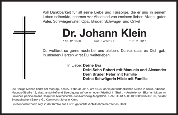 Traueranzeige von Johann Klein von Gesamtausgabe Nürnberger Nachrichten/ Nürnberger Ztg.