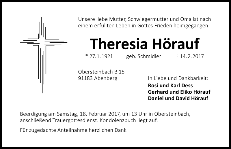  Traueranzeige für Theresia Hörauf vom 16.02.2017 aus Schwabach