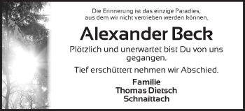 Traueranzeige von Alexander Beck von Gesamtausgabe Nürnberger Nachrichten/ Nürnberger Ztg.