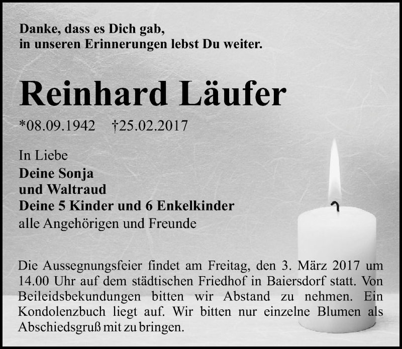  Traueranzeige für Reinhard Läufer vom 01.03.2017 aus Erlanger Nachrichten Lokal
