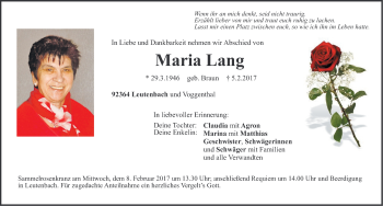 Traueranzeige von Maria Lang von Neumarkter Nachrichten Lokal