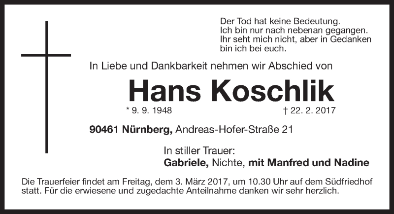  Traueranzeige für Hans Koschlik vom 01.03.2017 aus Gesamtausgabe Nürnberger Nachrichten/ Nürnberger Ztg.