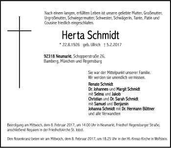 Traueranzeige von Herta Schmidt von Neumarkter Nachrichten Lokal