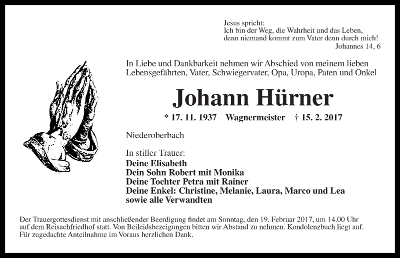  Traueranzeige für Johann Hürner vom 17.02.2017 aus Altmühl-Bote Lokal