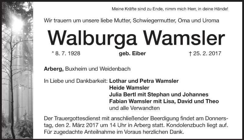  Traueranzeige für Walburga Wamsler vom 28.02.2017 aus Altmühl-Bote Lokal