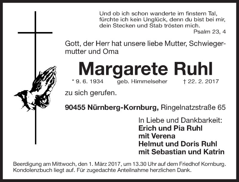  Traueranzeige für Margarete Ruhl vom 25.02.2017 aus Gesamtausgabe Nürnberger Nachrichten/ Nürnberger Ztg.