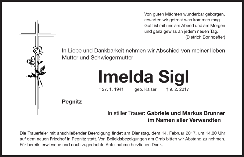  Traueranzeige für Imelda Sigl vom 11.02.2017 aus Nordbayerische Nachrichten Pegnitz Lokal