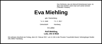 Traueranzeige von Eva Miehling von Gesamtausgabe Nürnberger Nachrichten/ Nürnberger Ztg.