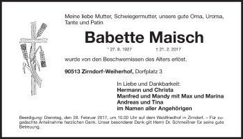 Traueranzeige von Babette Maisch von Fürther Nachrichten Lokal