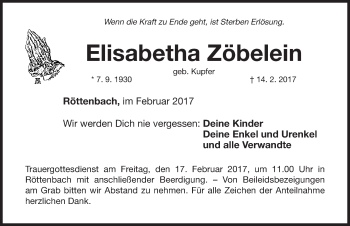 Traueranzeige von Elisabetha Zöbelein von Nordbayerische Nachrichten Herzogenaurach Lokal