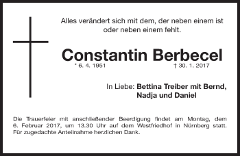 Traueranzeige von Constantin Berbecel von Gesamtausgabe Nürnberger Nachrichten/ Nürnberger Ztg.