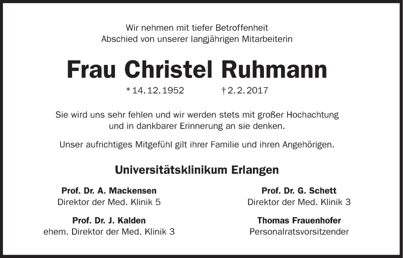  Traueranzeige für Christel Ruhmann vom 27.02.2017 aus Erlanger Nachrichten Lokal